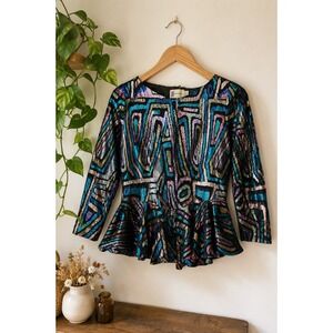 Vintage 80s Metallic Peplum Party Top Art Deco Abstract Disco Glam Size 16